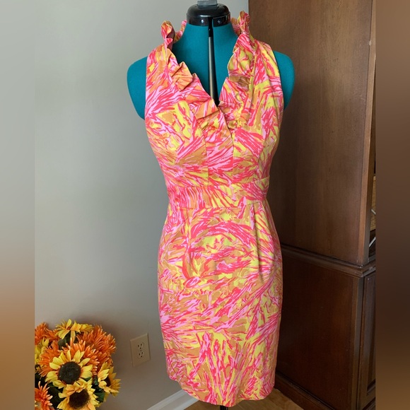 Just Taylor Dress Pink and Yellow v-neck ruffle - Picture 3 of 12